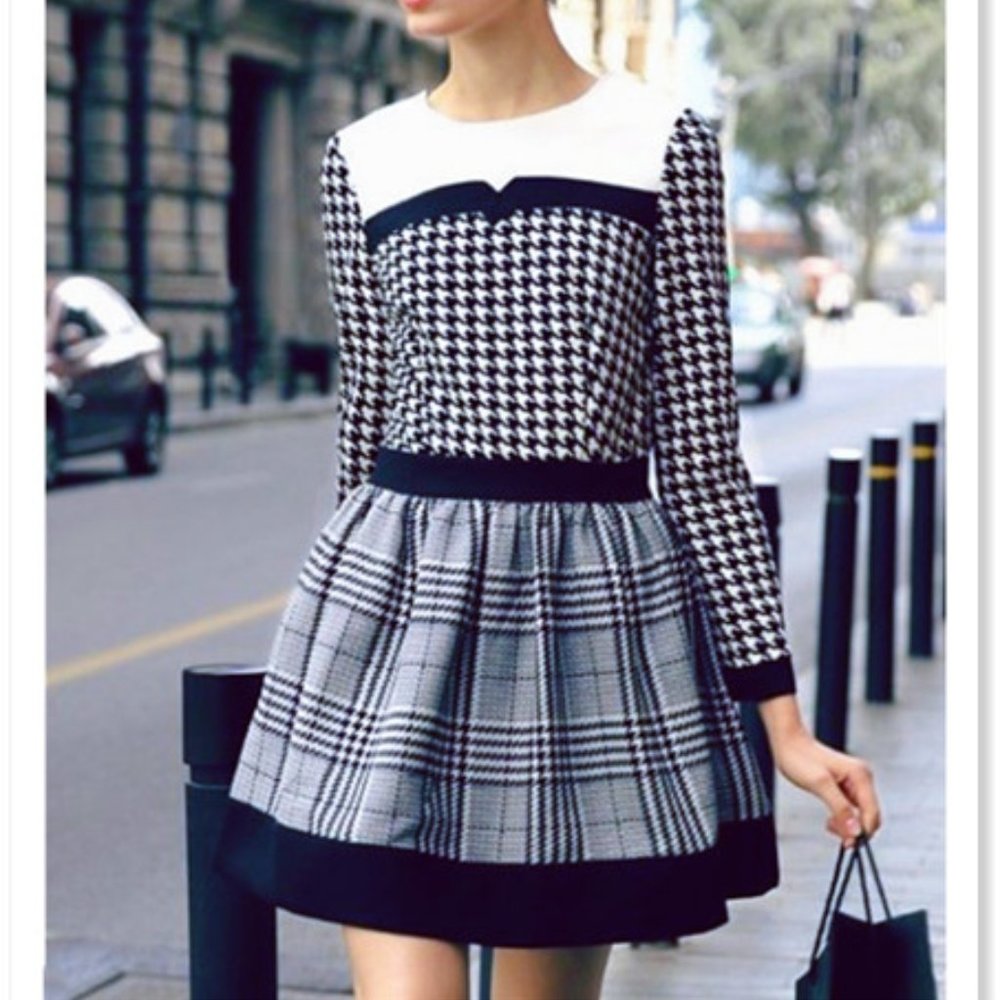 Black White Long Sleeve Houndstooth Contrast Plaid Dress